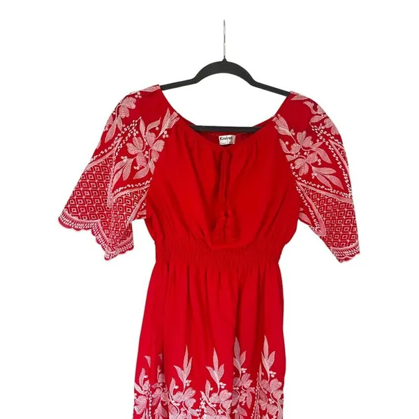 Kindred Anthropologie Dress Small‎ Red Embroidery Tassel Peasant Boho Scallop - Image 2