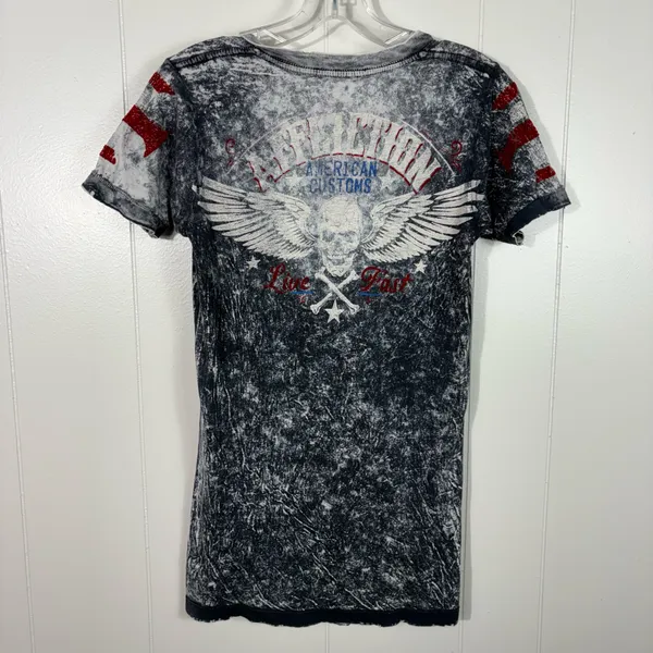 Y2K Affliction Women's Acid Wash Velvet Print Lace Up Skull Grunge Tee Small S - Image 5
