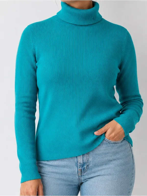 Vintage Lauren Ralph Lauren Teal Ribbed Cotton Turtleneck Sweater - Image 2