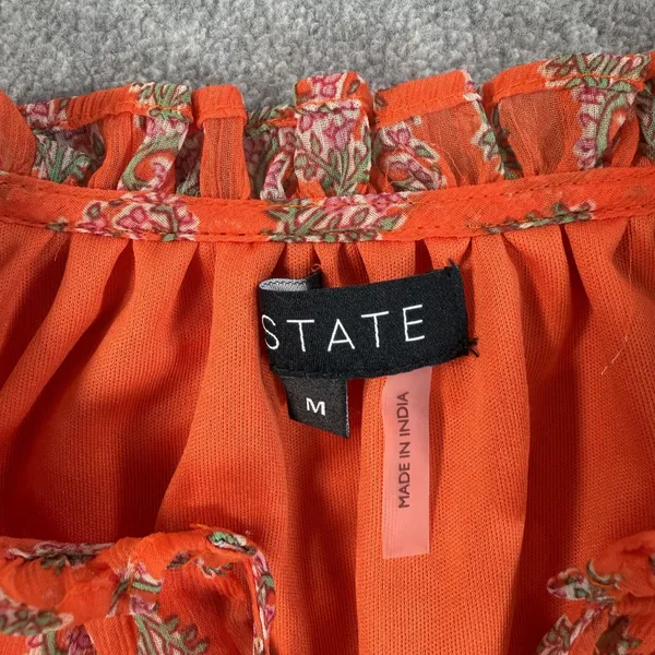 1.STATE Women's Medium Orange Floral Ruffle Flutter Sleeve V-Neck Blouse Top - Image 4