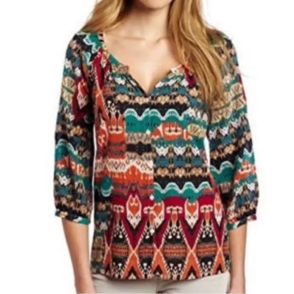 Lucky Brand Bohemian Top Button Down‎ S Peasant Blouse Multicolor Boho Southwest - Image 2