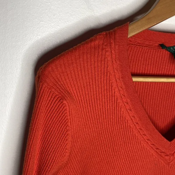 Lauren Ralph Lauren cotton v-neck 3/4 sleeve ribbed knit sweater size XL - Image 4
