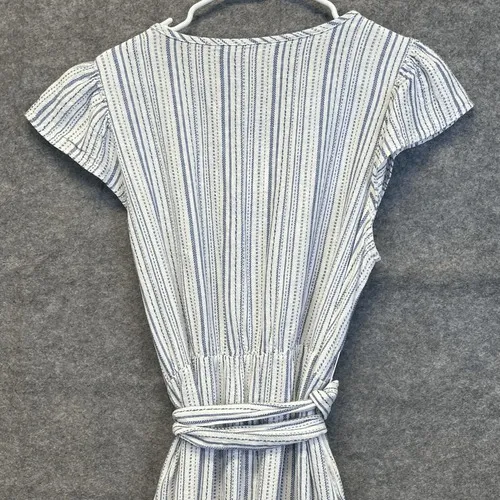 BRIGGS Linen Blend Midi Dress L Blue Striped Flutter Sleeve Belted NWT Coastal - Image 13