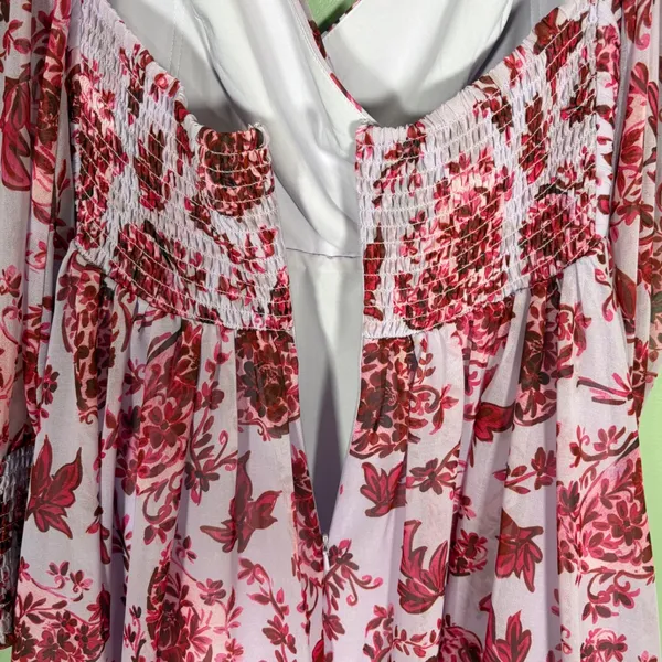 Badgley Mischka Floral‎ Chiffon Midi Dress Lavender Pink V-Neck Sz 2 Long Sleeve - Image 7