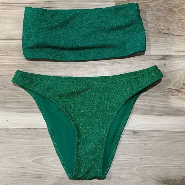 Good American Summer Green Metallic Band Bikini High Waisted Women’s XS 1/2 - Image 2