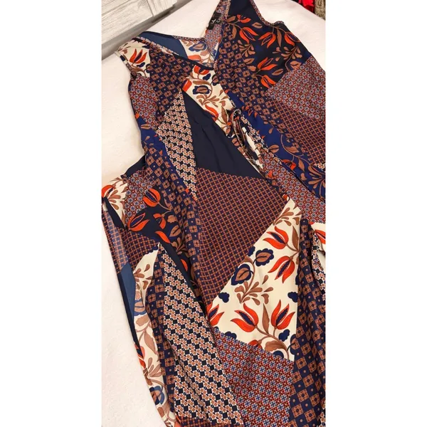 NWOT Lulus Bon Voyage Navy Blue Mixed Print Wide Leg Jumpsuit Slit Pants XS - Image 10