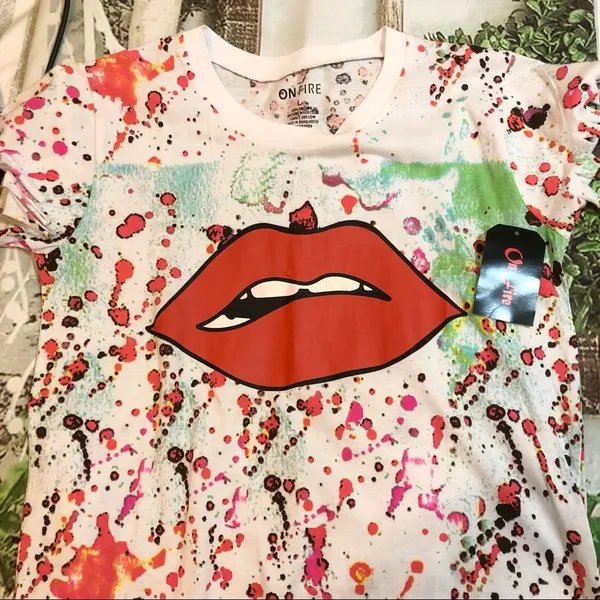 On Fire Red Lip multicolor Top with Fringe cut large statement style short sleeve shirt - Image 3