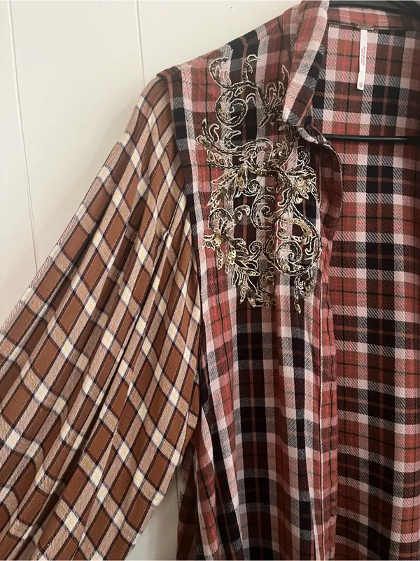 Free People SNOW TOP MOUNTAINS Red Plaid Shirt with Embroidered Sequins - Image 5
