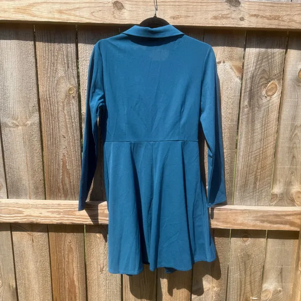 Shein Teal Pleated Blazer Dress Long Sleeve Mini Size M US 6 - Image 3