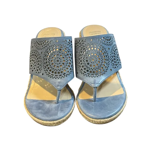 Johnston & Murphy Wedge Sandals Womens 8 Blue Laser Cut Espadrille‎ Thong Mules - Image 5