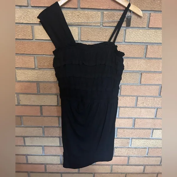 Leifnotes Anthropologie Black One Shoulder Tiered Ruffle Mini Dress Size XS NWT - Image 3