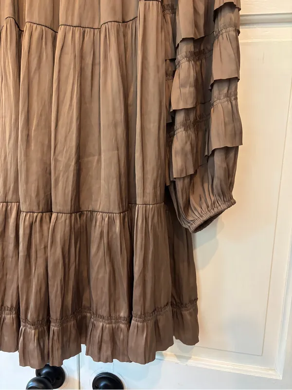Ulla Johnson Elsa Mini Dress Mica Taupe Ruffled Tiered Satin Size Medium Large - Image 3
