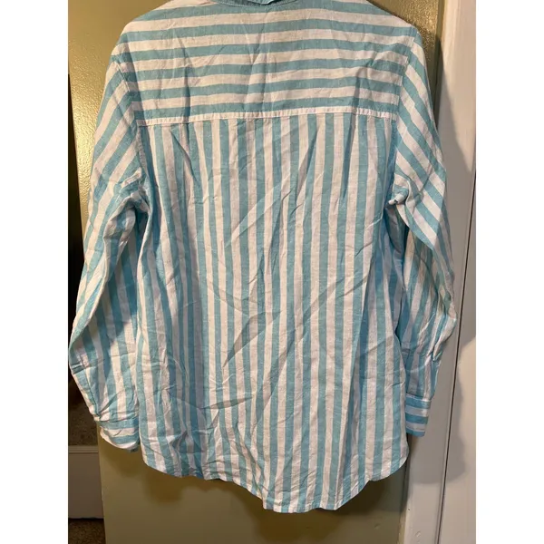 Gap Womens Sz Medium Linen Blend Easy Shirt Button Down Teal White Stripe Pocket - Image 10