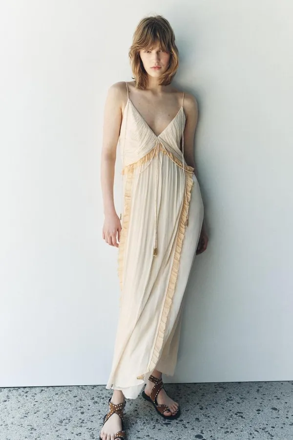 Zara Cream Maxi Dress long flowy bohemian summer casual vacation sundress wedding - Image 2