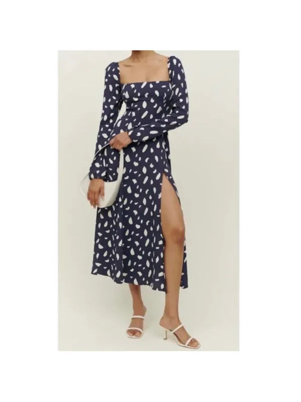 Reformation Sigmund Navy & White Long Sleeve Midi Dress - Size 6 - Image 3