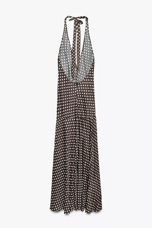 Zara Elegant Brown and White Polka Dot Halter maxi flowy Dress - Image 8