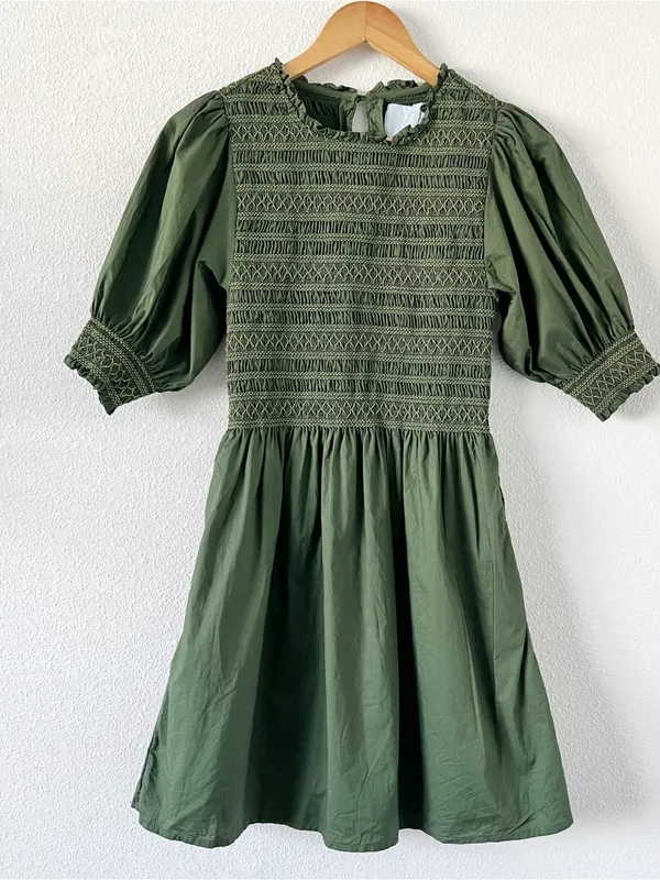 Hill House Home Ellie Nap Olive Green Smocked Puff Sleeve Mini Dress - Image 2