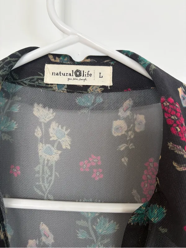 Natural Life Carina Mesh Top Floral Sheer Ruched Button Front Boho Whimsigoth-L - Image 2
