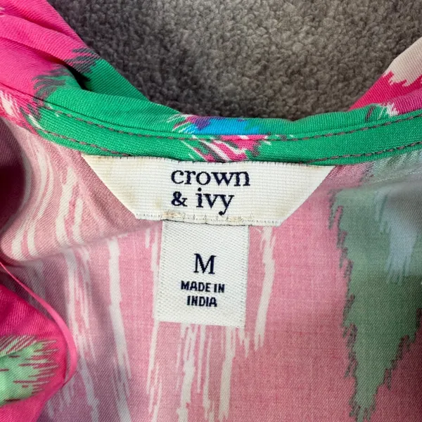 Crown & Ivy Women's Medium Ikat Tiered Ruffle V-Neck Sleeveless Dress Pink Blue - Image 3