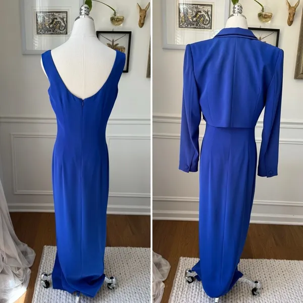 Vintage 90s Black Tie Oleg Cassini Cobalt Blue 2pc Column Gown Dress Bolero Jack - Image 3