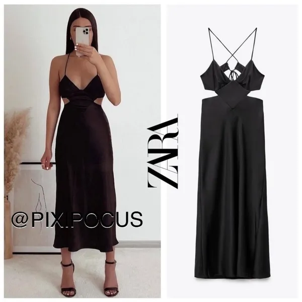 Zara Black Backless Strappy Satin Midi Dress - Image 2