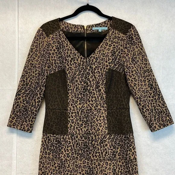 ANTONIO MELANI Dress Size 6 Black Brown‎ Sparkle Leopard Print 3/4 Sleeve V Neck - Image 3