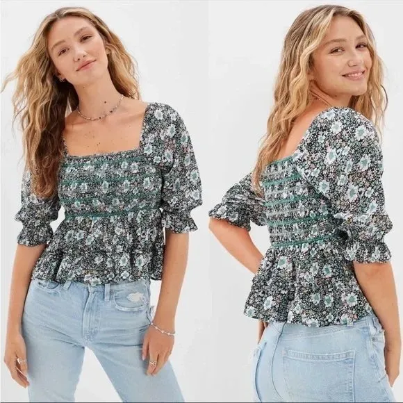 American Eagle Floral Smocked Peplum Top‎ Square Neck Puff Sleeve L - Image 2