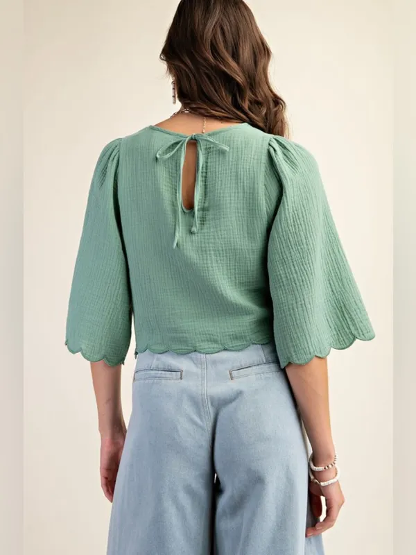Crochet Yoke Puff Sleeve Blouse in Sage Size Medium - Image 3