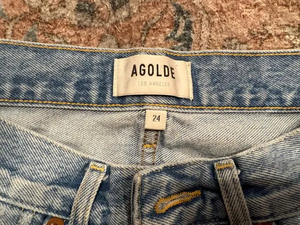 AGOLDE Jean Shorts Distressed High-Rise Button Fly Frayed Blue 24 - Image 3