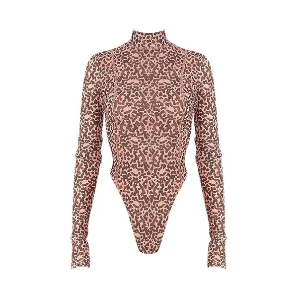 HOUSE OF CB Eleanor Mesh Bodysuit Size Small Brown Leopard Mock Neck Long Sleeve - Image 2