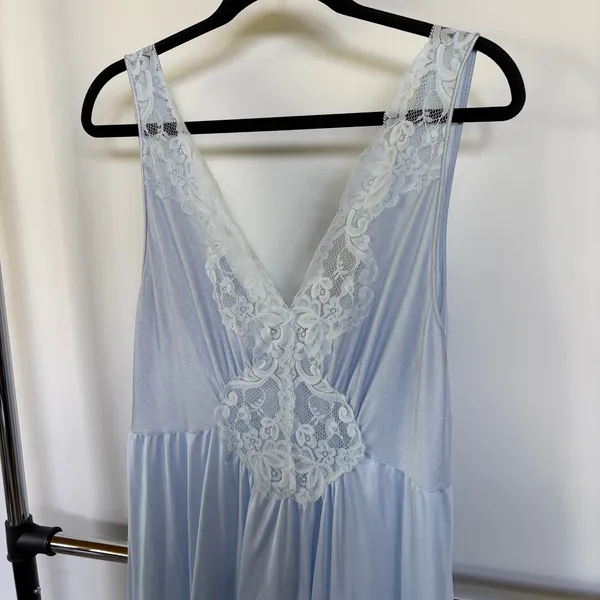 Vintage Sky Baby Blue Cinderella Silky Lace Maxi Slip Dress Miss Elaine XL - Image 7