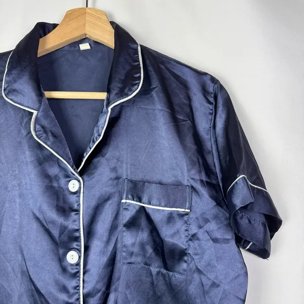 Boutique Navy Blue White Trim Satin Button Down Short Sleeve Pajama Top‎ L - Image 3