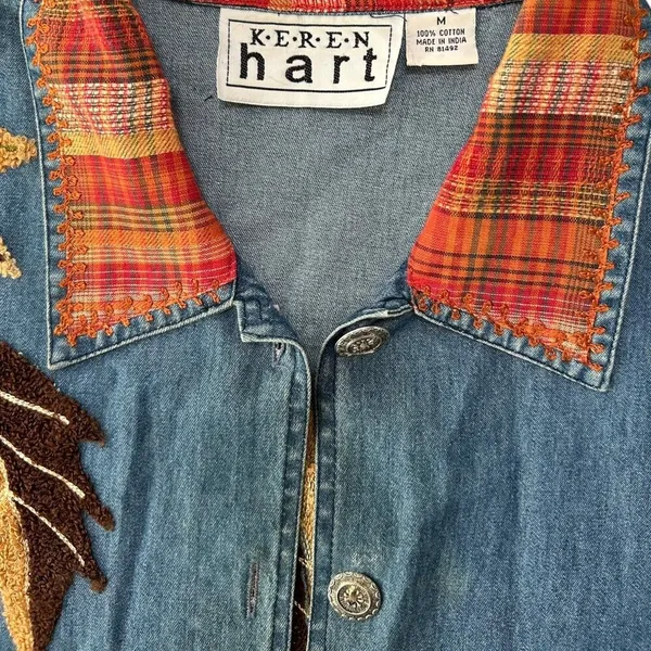 Vintage 90s Keren Hart Fall Autumn Leaf Embroidered Denim Button Down Orange M - Image 4