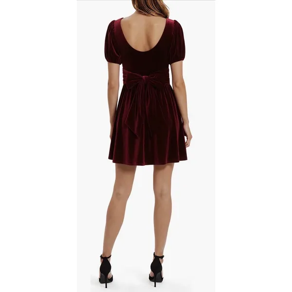Lush Burgundy Velvet Puff Sleeve Mini Dress with Back Bow Size 8 NEW‎ - Image 2