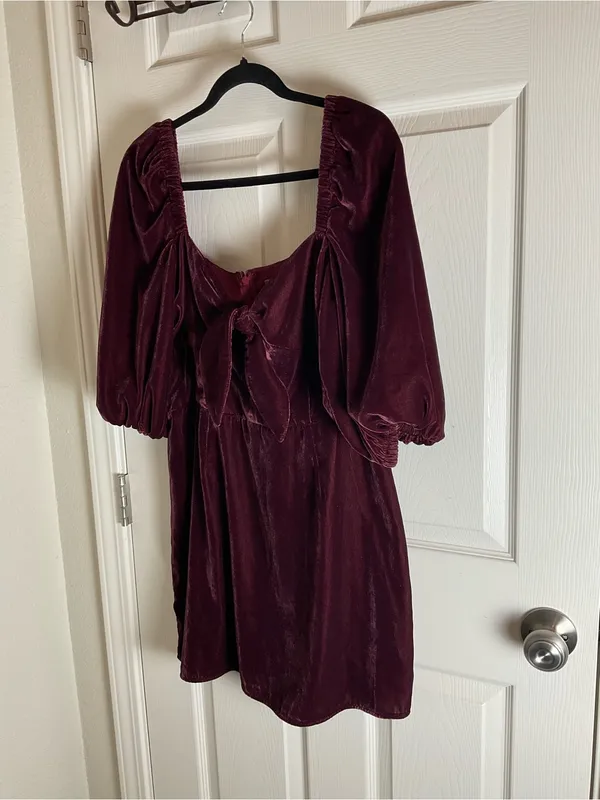 ASOS Velvet Tie-Front Puff Sleeve Mini Dress Plum Burgundy Size 12 - Image 2