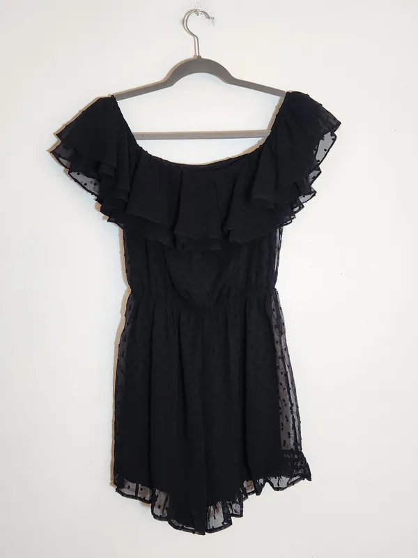 Lulus Black Off The Shoulder Swiss Dot Romper Size Small NWT - Image 6