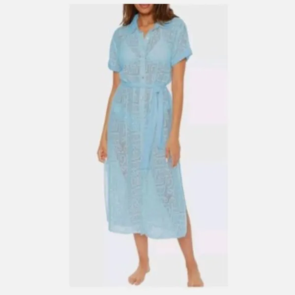 BECCA Mesh Button Down Belted Swim Cover Up Women's‎ Size M Blue Resortwear - Image 9