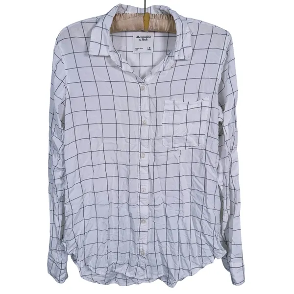 Abercrombie & Fitch Windowpane Button Up Shirt Size M White Black Coastal Preppy - Image 2