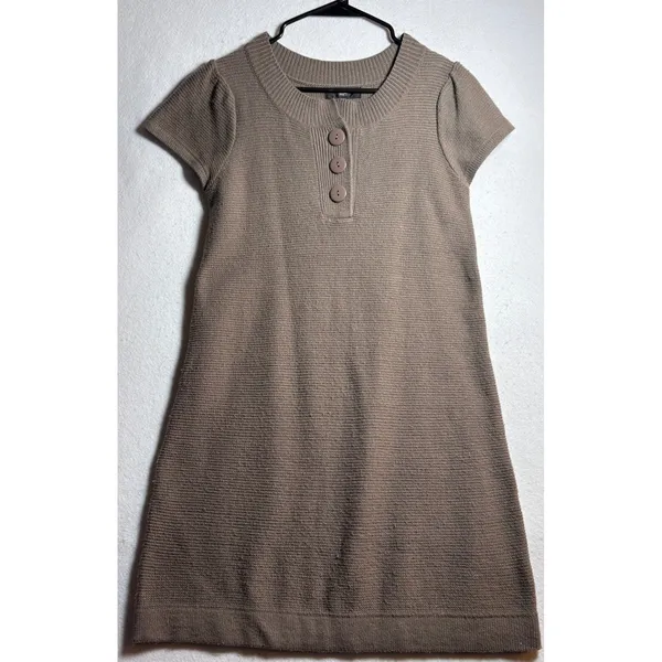Mossimo Womens Taupe Brown Henley Sweater Dress Short Sleeve Knit Mini Size M - Image 3