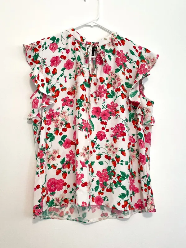 ANN TAYLOR Floral Mixed Media Ruffle Sleeve Tie Neck Shell Top White Strawberry - Image 2