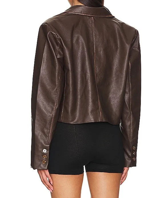 Revolve Superdown Blakely Faux Leather Brown Cropped Blazer Jacket - Image 3