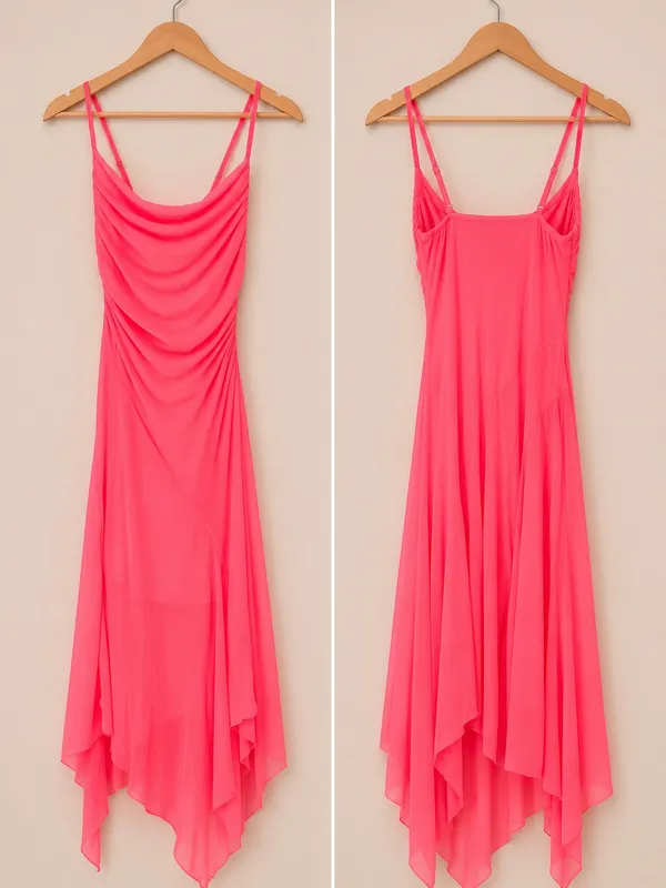 Haute Monde Neon Pink Draped Mesh Asymmetrical Maxi Dress Size S - Image 2