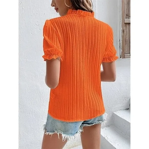 Orange Pleat Notch Neck Puff Sleeve Top - Women - Image 3