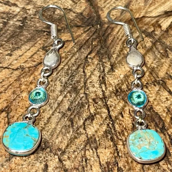 Faceted Tibet Turquoise Earrings 2 1/2” Gold - Image 3