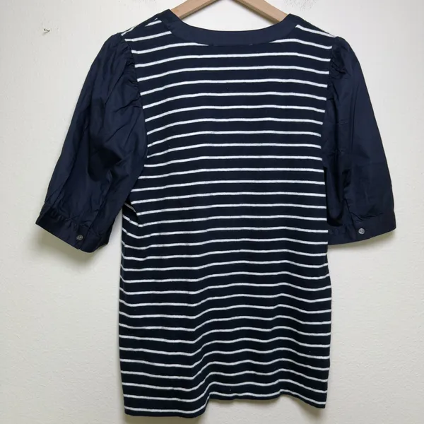 NEW LOFT Women Cotton‎ Knit Top Large Navy White Striped Henley Preppy Coastal - Image 6