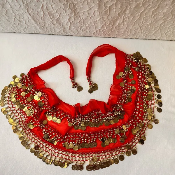 Belly Dance Costume Size M-L Red Golden Coins Halter Top & Hip Scarf - Image 3