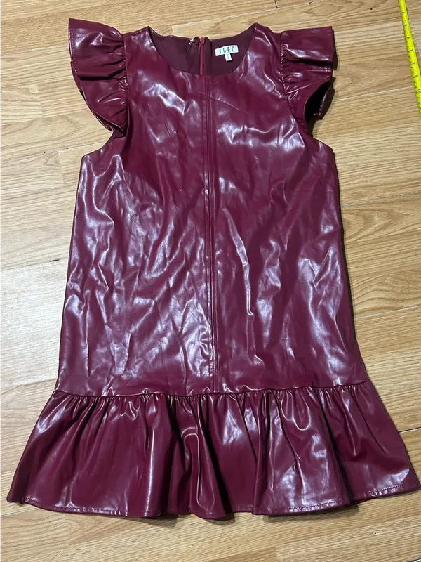 TCEC Burgundy Faux Leather Ruffle Sleeve Mini Dress Medium - Image 4