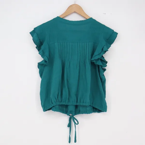 Unbranded Blouse Womens M Boho Ruffle Sleeve Teal Green Pintuck Pleated Exc - Image 2