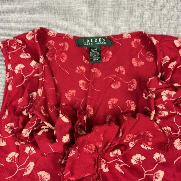 Lauren Ralph Lauren Tank Womens M Red Floral V-Neck Ruffle Jersey Lightweight - Image 3