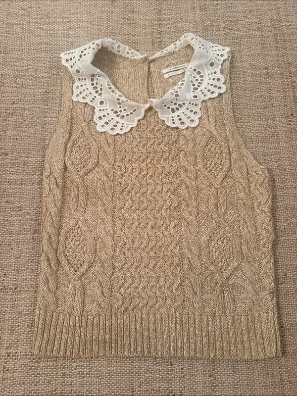 Anthropologie Lace-Trim Peter Pan Collar Tan White Knit Tank size Small - Image 4
